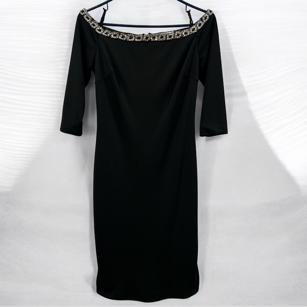Elegant Black Long Sleeve Dress with Embellished Neckline